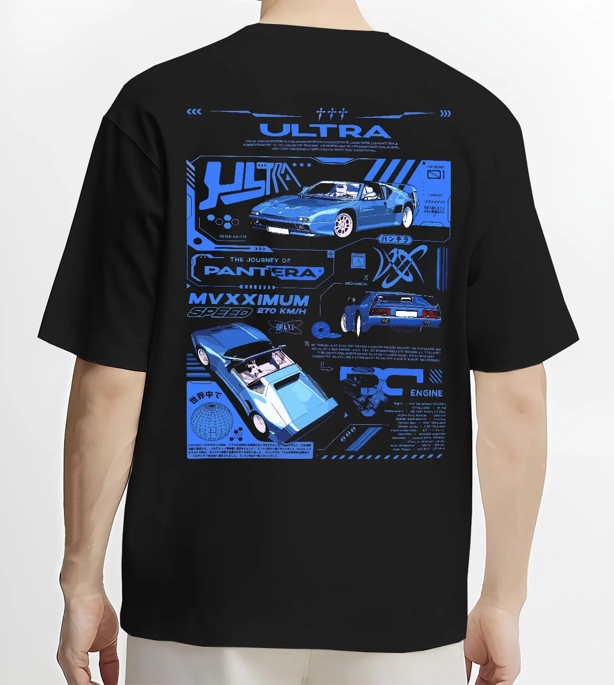 Black T-shirt worn by a male model, back view, featuring racing italian street retro classic performance motorsport graphic.