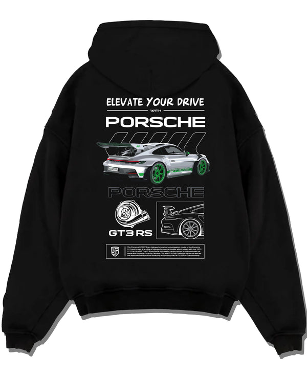 Black pullover hoodie laid flat on a white background, featuring Porsche Boxster rs racing german tuner street classic graphic.