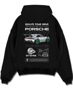 Black pullover hoodie laid flat on a white background, featuring Porsche Boxster rs racing german tuner street classic graphic.