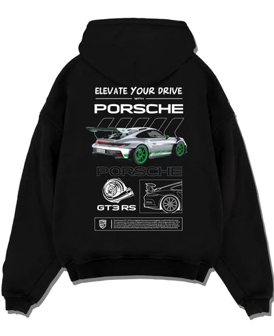 Black pullover hoodie laid flat on a white background, featuring Porsche Boxster rs racing german tuner street classic graphic.