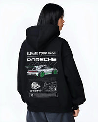 Black hoodie worn by a female model, back view, featuring Porsche Boxster rs racing german tuner street classic graphic.