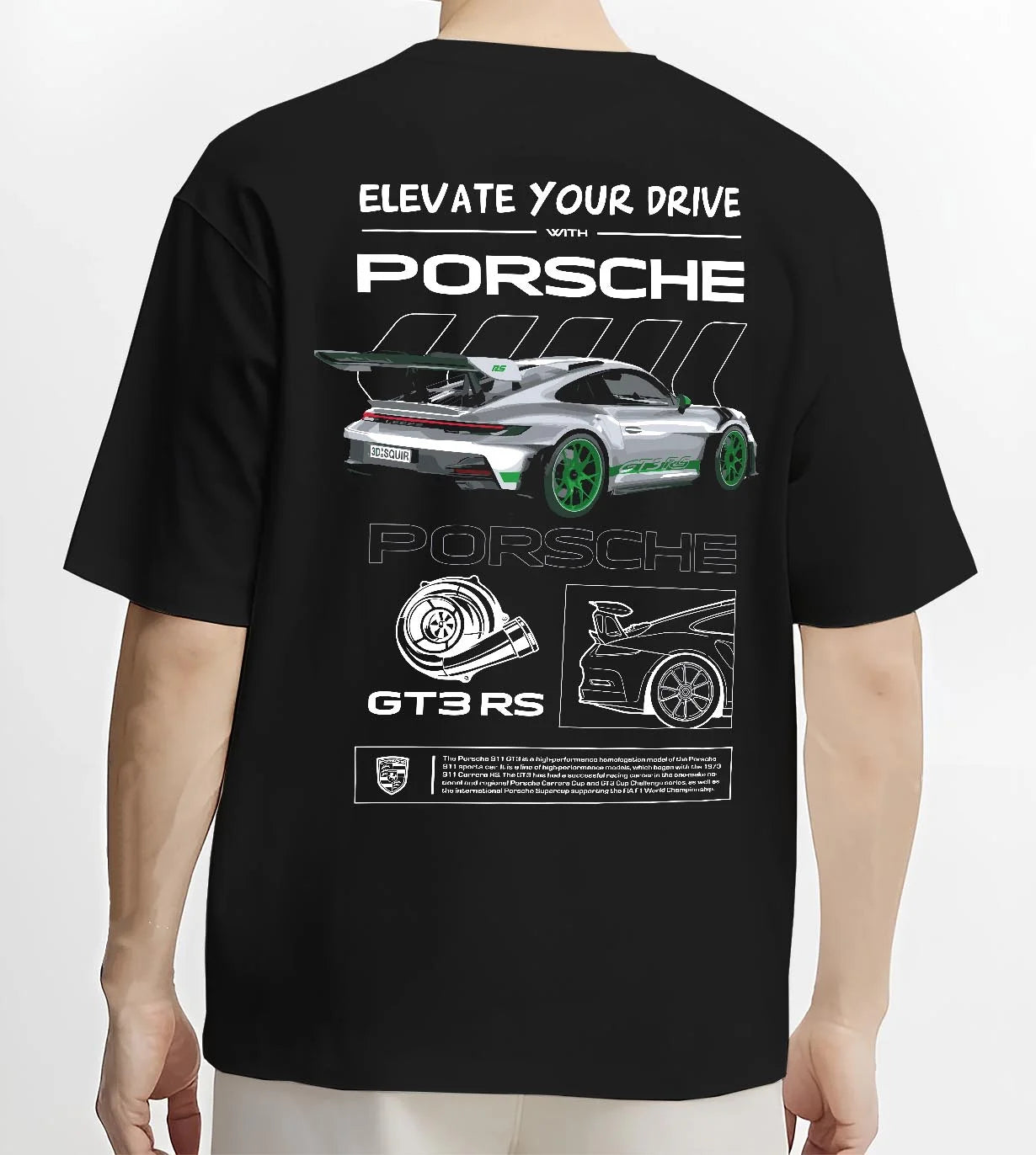 Black T-shirt worn by a male model, back view, featuring Porsche Boxster rs racing german tuner street classic graphic.