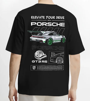 Black T-shirt worn by a male model, back view, featuring Porsche Boxster rs racing german tuner street classic graphic.