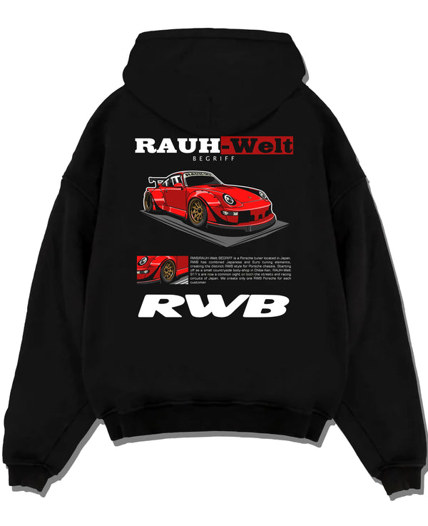 Black pullover hoodie laid flat on a white background, featuring Porsche 911 rs turbo turbocharged racing german tuner graphic.