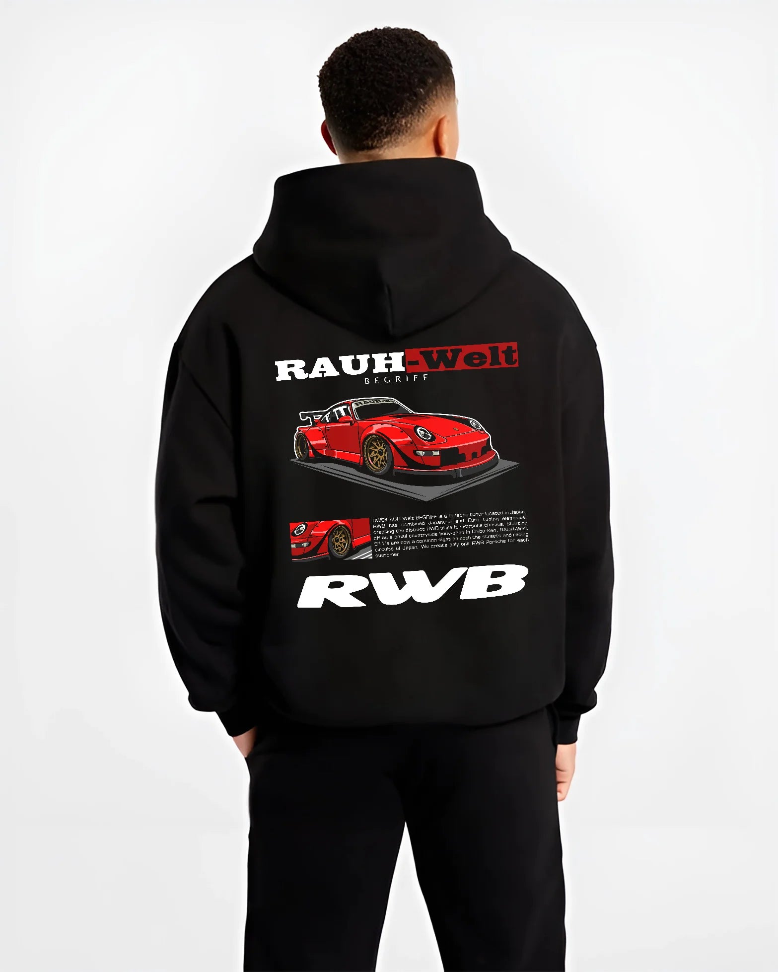 Black hoodie worn by a male model, back view, featuring Porsche 911 rs turbo turbocharged racing german tuner street graphic.