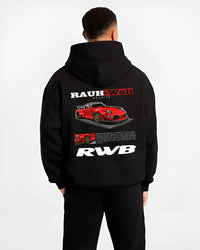 Black hoodie worn by a male model, back view, featuring Porsche 911 rs turbo turbocharged racing german tuner street graphic.