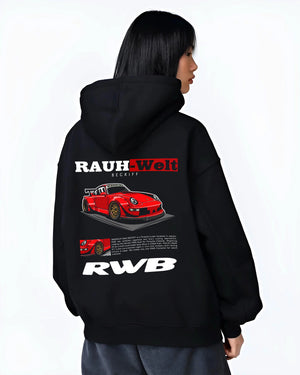 Black hoodie worn by a female model, back view, featuring Porsche 911 rs turbo turbocharged racing german tuner street graphic.