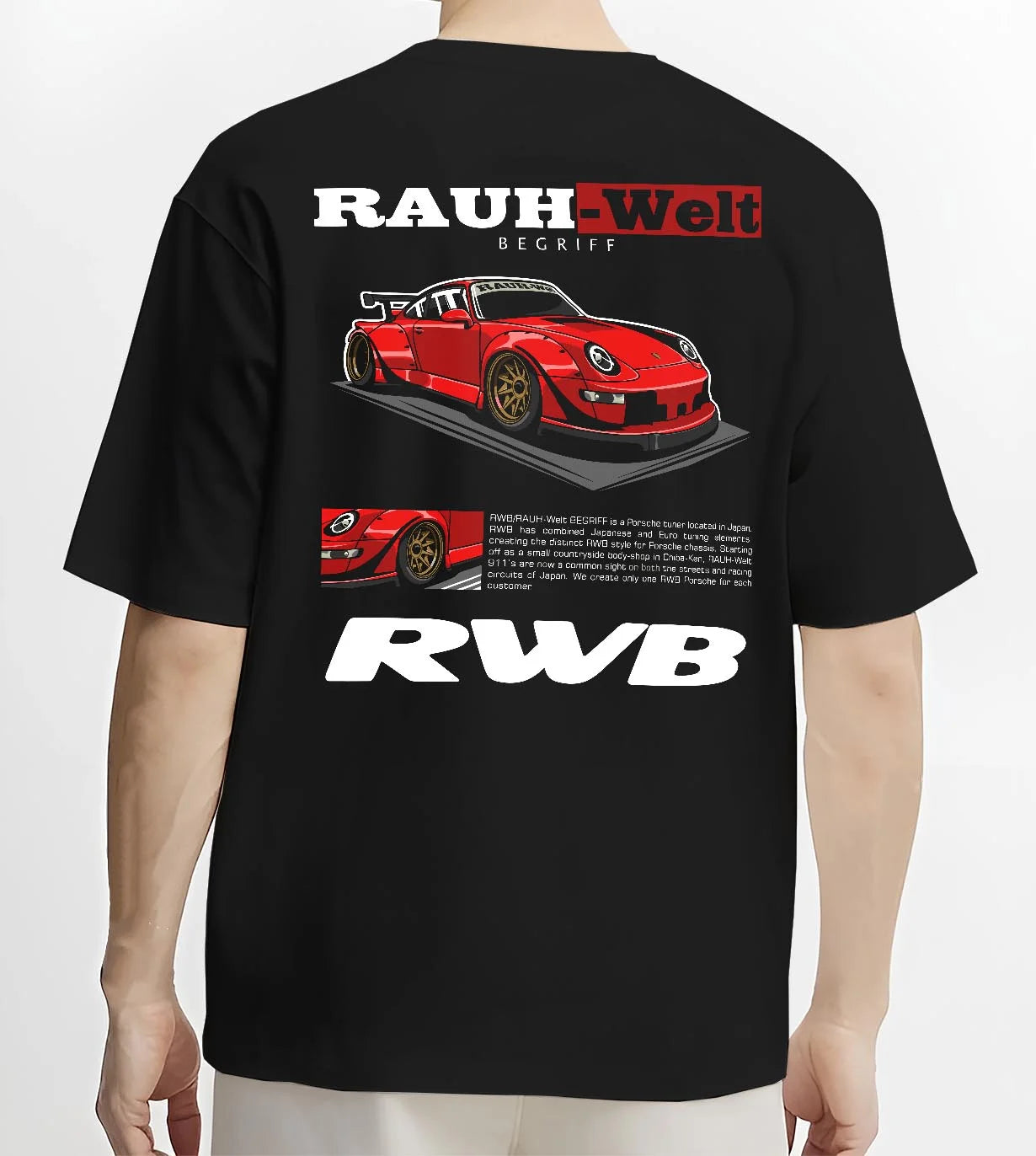 Black T-shirt worn by a male model, back view, featuring Porsche 911 rs turbo turbocharged racing german tuner street graphic.