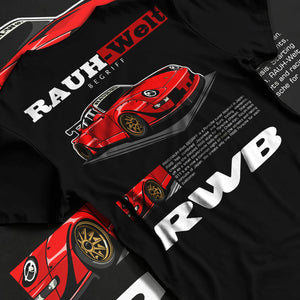 Black T-shirt laid flat with natural fabric folds, featuring Porsche 911 rs turbo turbocharged racing german tuner street graphic.