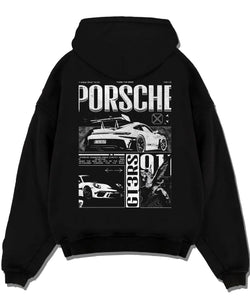 Black pullover hoodie laid flat on a white background, featuring Porsche Cayman rs turbo turbocharged racing german tuner graphic.