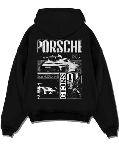 Black pullover hoodie laid flat on a white background, featuring Porsche Cayman rs turbo turbocharged racing german tuner graphic.