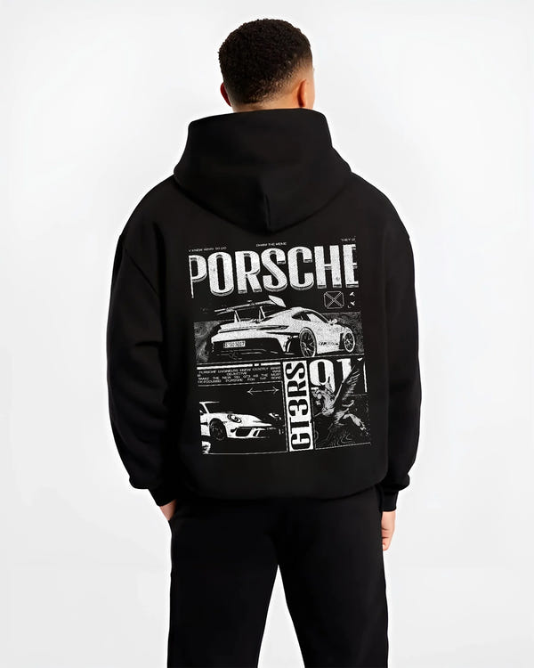 Black hoodie worn by a male model, back view, featuring Porsche Cayman rs turbo turbocharged racing german tuner street graphic.