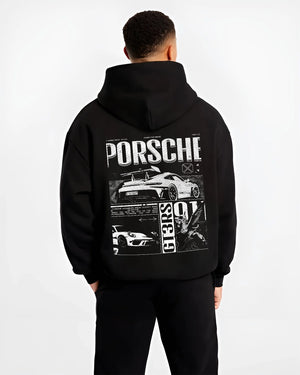 Black hoodie worn by a male model, back view, featuring Porsche Cayman rs turbo turbocharged racing german tuner street graphic.