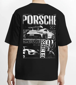 Black T-shirt worn by a male model, back view, featuring Porsche Cayman rs turbo turbocharged racing german tuner street graphic.