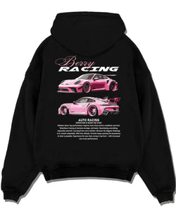 Black pullover hoodie laid flat on a white background, featuring Porsche gt3 rs turbo turbocharged racing german tuner graphic.