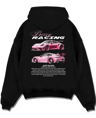 Black pullover hoodie laid flat on a white background, featuring Porsche gt3 rs turbo turbocharged racing german tuner graphic.