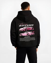 Black hoodie worn by a male model, back view, featuring Porsche gt3 rs turbo turbocharged racing german tuner street graphic.
