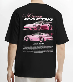 Black T-shirt worn by a male model, back view, featuring Porsche gt3 rs turbo turbocharged racing german tuner street graphic.
