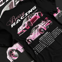 Black T-shirt laid flat with natural fabric folds, featuring Porsche gt3 rs turbo turbocharged racing german tuner street graphic.