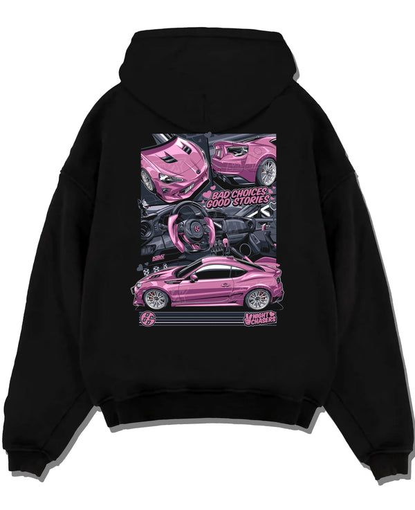 Black pullover hoodie laid flat on a white background, featuring Toyota 86 drift jdm stance street racing performance graphic.