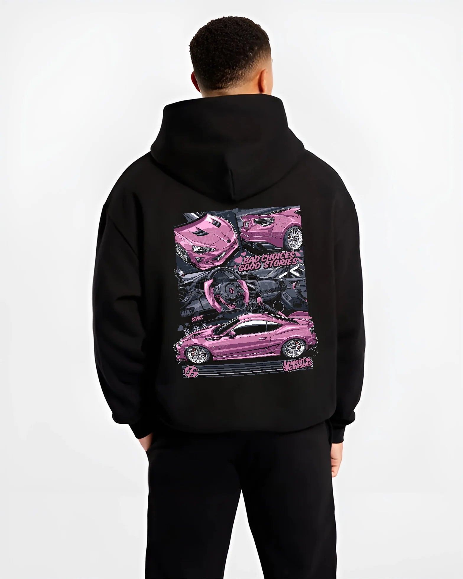 Black hoodie worn by a male model, back view, featuring Toyota 86 drift jdm stance street racing performance graphic.