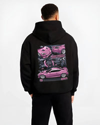 Black hoodie worn by a male model, back view, featuring Toyota 86 drift jdm stance street racing performance graphic.