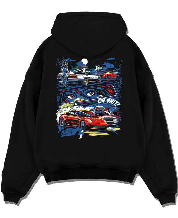 Black pullover hoodie laid flat on a white background, featuring STI street racing performance motorsport automotive police.