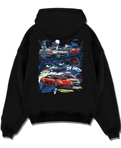 Black pullover hoodie laid flat on a white background, featuring STI street racing performance motorsport automotive police.