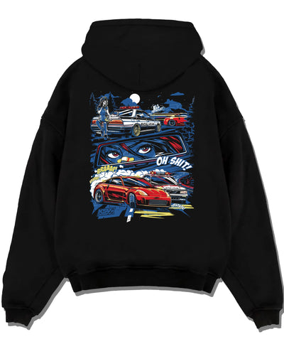 Black pullover hoodie laid flat on a white background, featuring STI street racing performance motorsport automotive police.