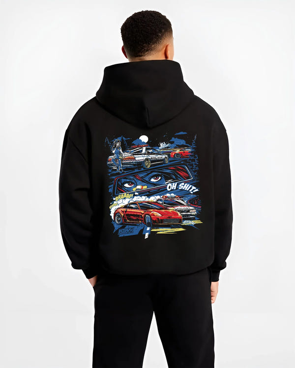 Black hoodie worn by a male model, back view, featuring STI street racing performance motorsport automotive enthusiast police.