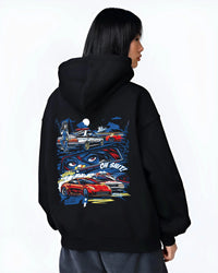 Black hoodie worn by a female model, back view, featuring STI street racing performance motorsport automotive enthusiast police.