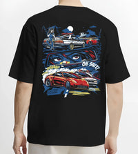 Black T-shirt worn by a male model, back view, featuring STI street racing performance motorsport automotive enthusiast police.