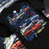 Black T-shirt laid flat with natural fabric folds, featuring STI street racing performance motorsport automotive enthusiast police.