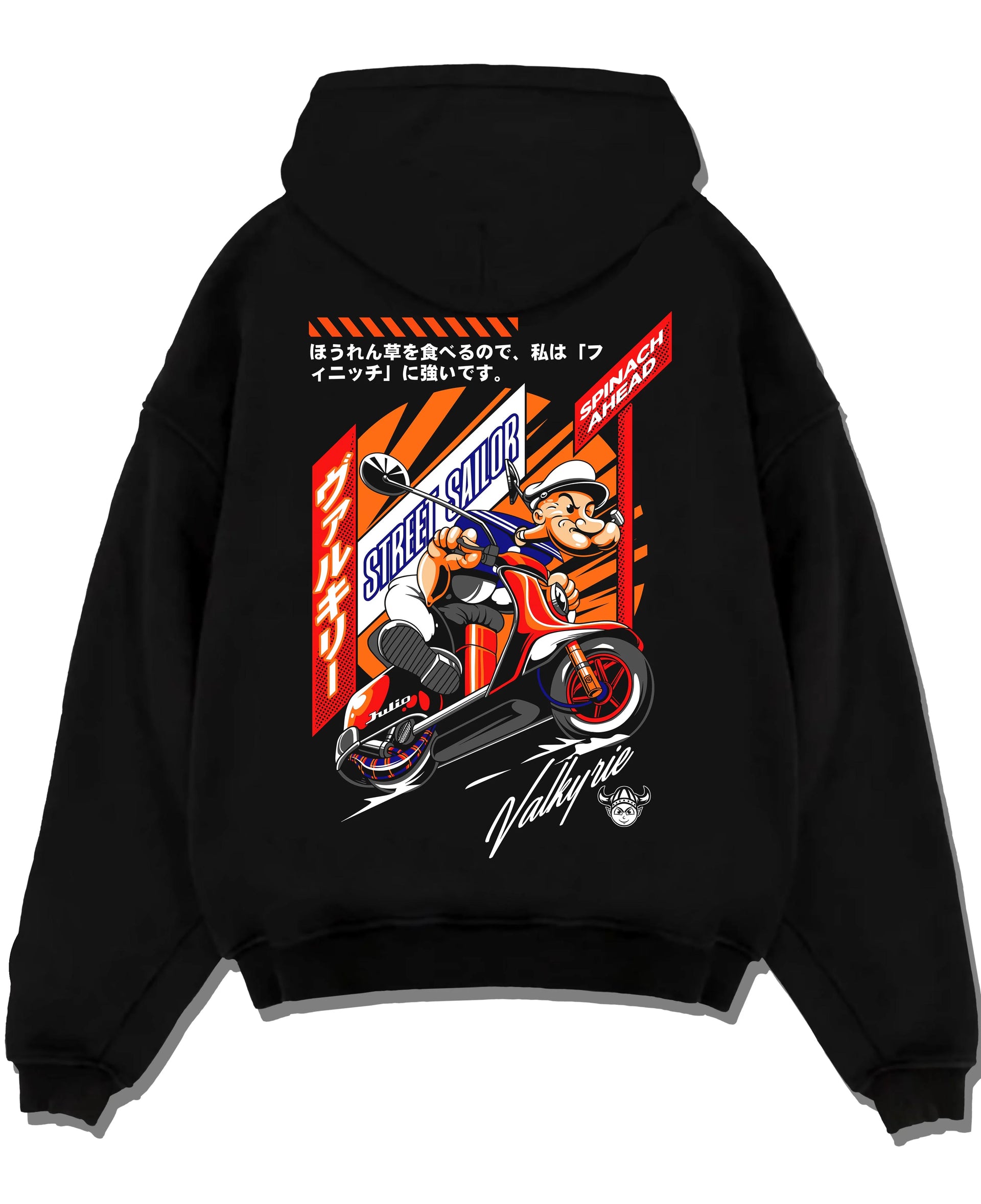 Black pullover hoodie laid flat on a white background, featuring street retro racing performance motorsport automotive popeye.
