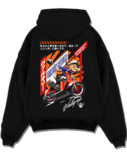 Black pullover hoodie laid flat on a white background, featuring street retro racing performance motorsport automotive popeye.
