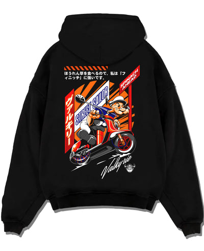 Black pullover hoodie laid flat on a white background, featuring street retro racing performance motorsport automotive popeye.
