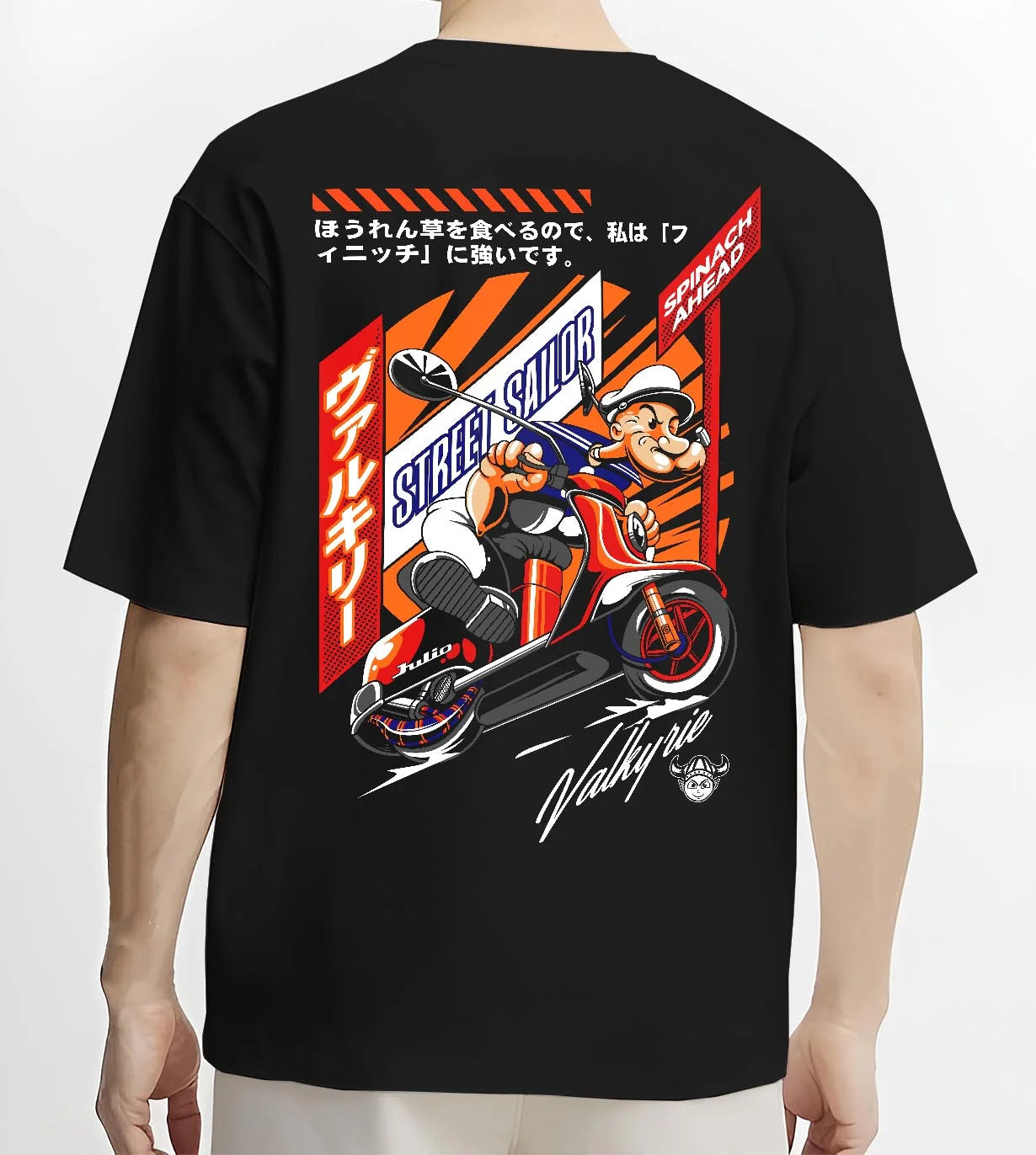 Black T-shirt worn by a male model, back view, featuring street retro racing performance motorsport automotive enthusiast popeye.