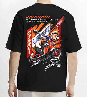 Black T-shirt worn by a male model, back view, featuring street retro racing performance motorsport automotive enthusiast popeye.