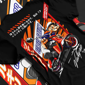 Black T-shirt laid flat with natural fabric folds, featuring street retro racing performance motorsport automotive popeye.