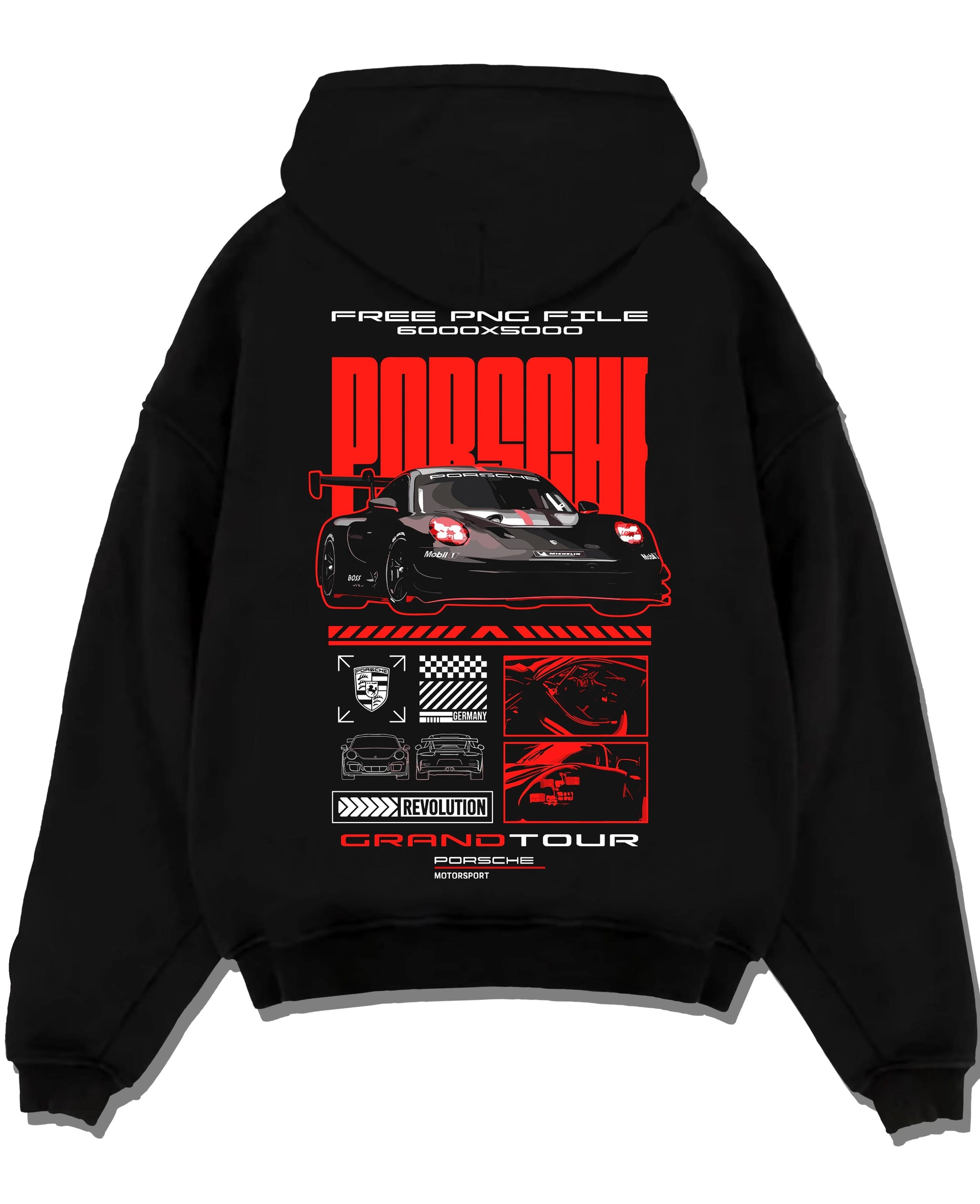 Black pullover hoodie laid flat on a white background, featuring Porsche rs racing race motorsport german street graphic.