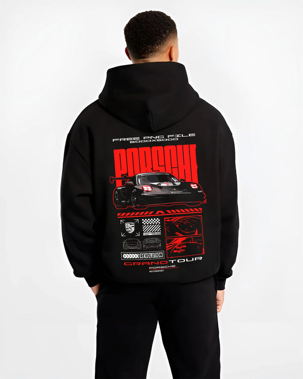 Black hoodie worn by a male model, back view, featuring Porsche rs racing race motorsport german street performance graphic.