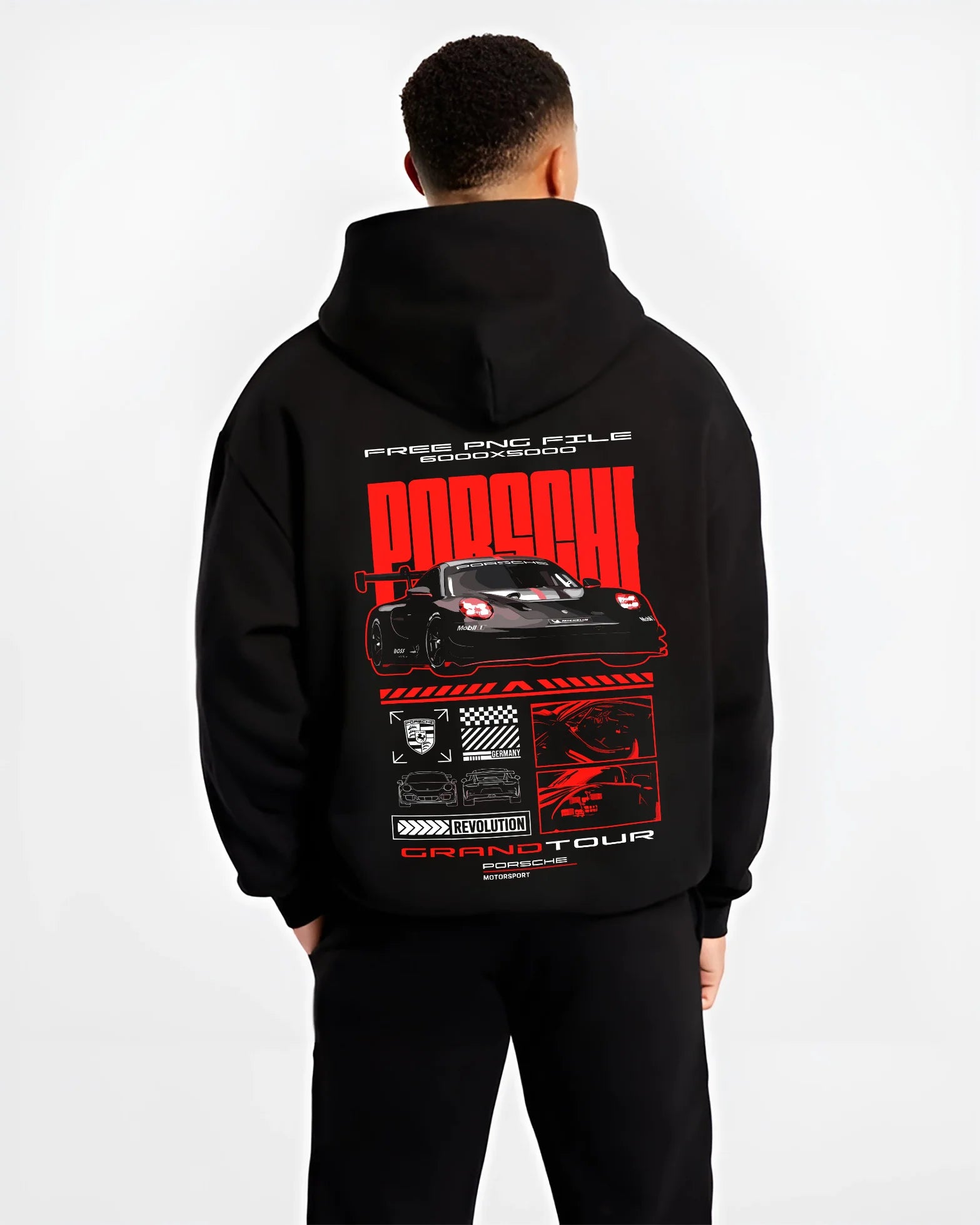Black hoodie worn by a male model, back view, featuring Porsche rs racing race motorsport german street performance graphic.