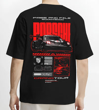 Black T-shirt worn by a male model, back view, featuring Porsche rs racing race motorsport german street performance graphic.
