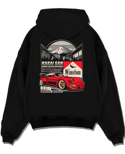 Black pullover hoodie laid flat on a white background, featuring Porsche rs racing jdm euro widebody rwb street graphic.