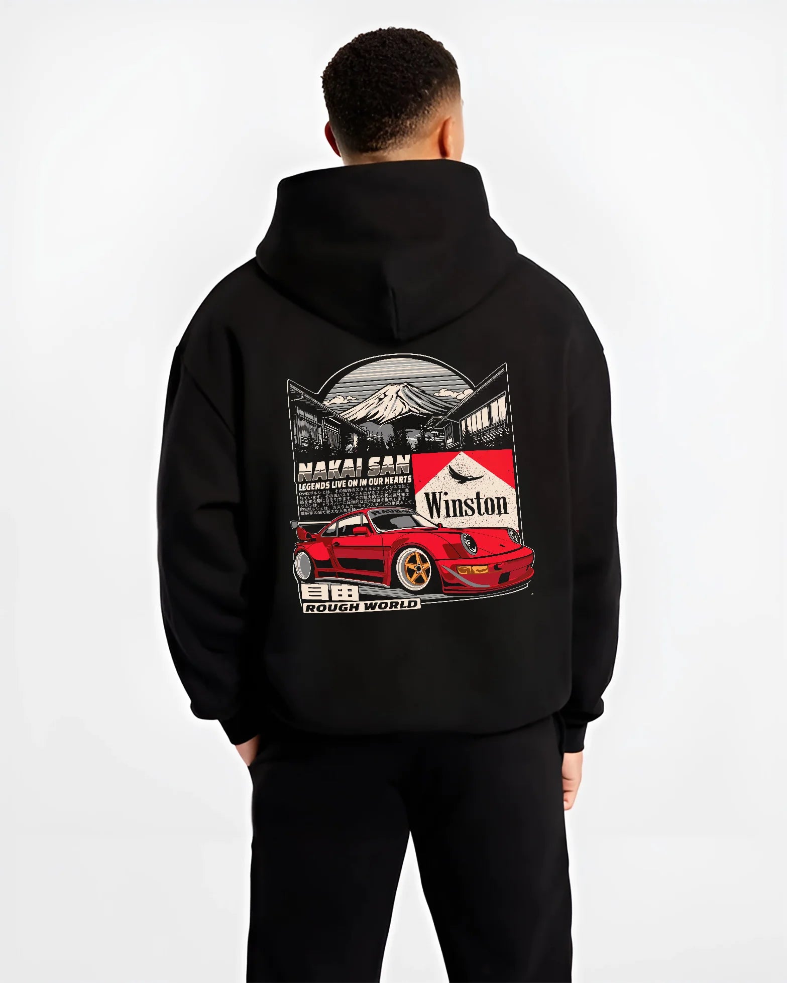 Black hoodie worn by a male model, back view, featuring Porsche rs racing jdm euro widebody rwb street graphic.