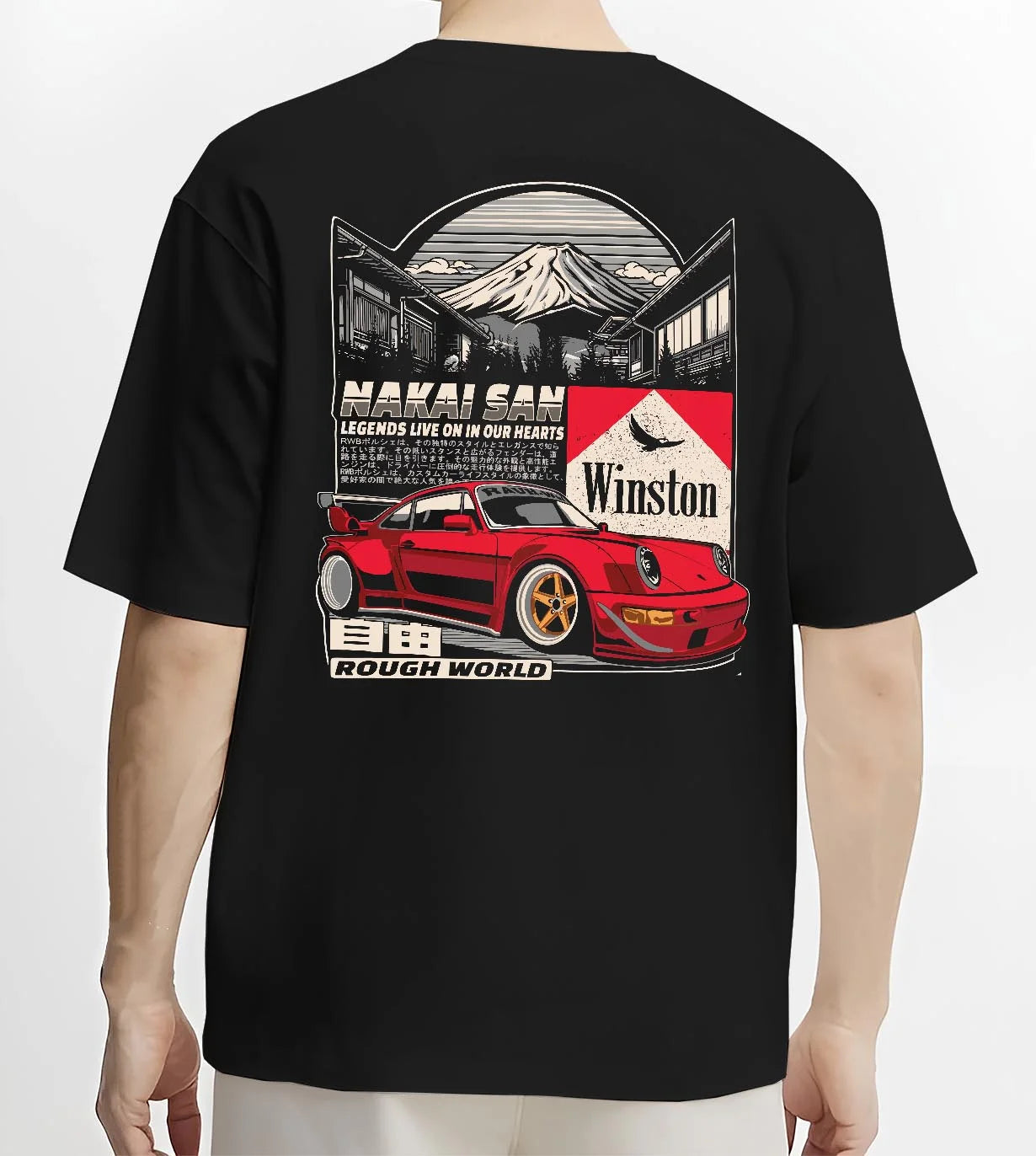 Black T-shirt worn by a male model, back view, featuring Porsche rs racing jdm euro widebody rwb street graphic.