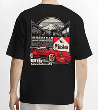 Black T-shirt worn by a male model, back view, featuring Porsche rs racing jdm euro widebody rwb street graphic.