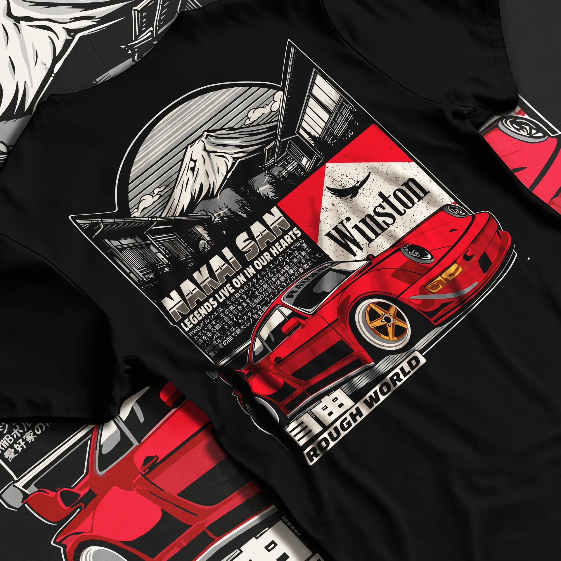 Black T-shirt laid flat with natural fabric folds, featuring Porsche rs racing jdm euro widebody rwb street graphic.
