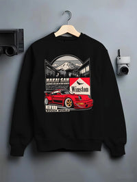 Black crewneck sweatshirt on a hanger against a grey wall, featuring Porsche rs racing jdm euro widebody rwb street graphic.