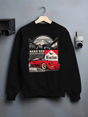 Black crewneck sweatshirt on a hanger against a grey wall, featuring Porsche rs racing jdm euro widebody rwb street graphic.